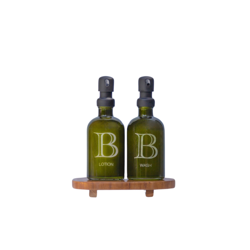 Set de Dispensadores de Vidrio  Personalizados con Base de Teca