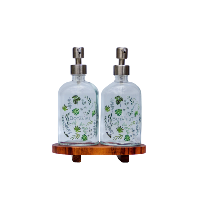 Set de 2 Dispensadores vacíos de vidrio con base de madera de teca